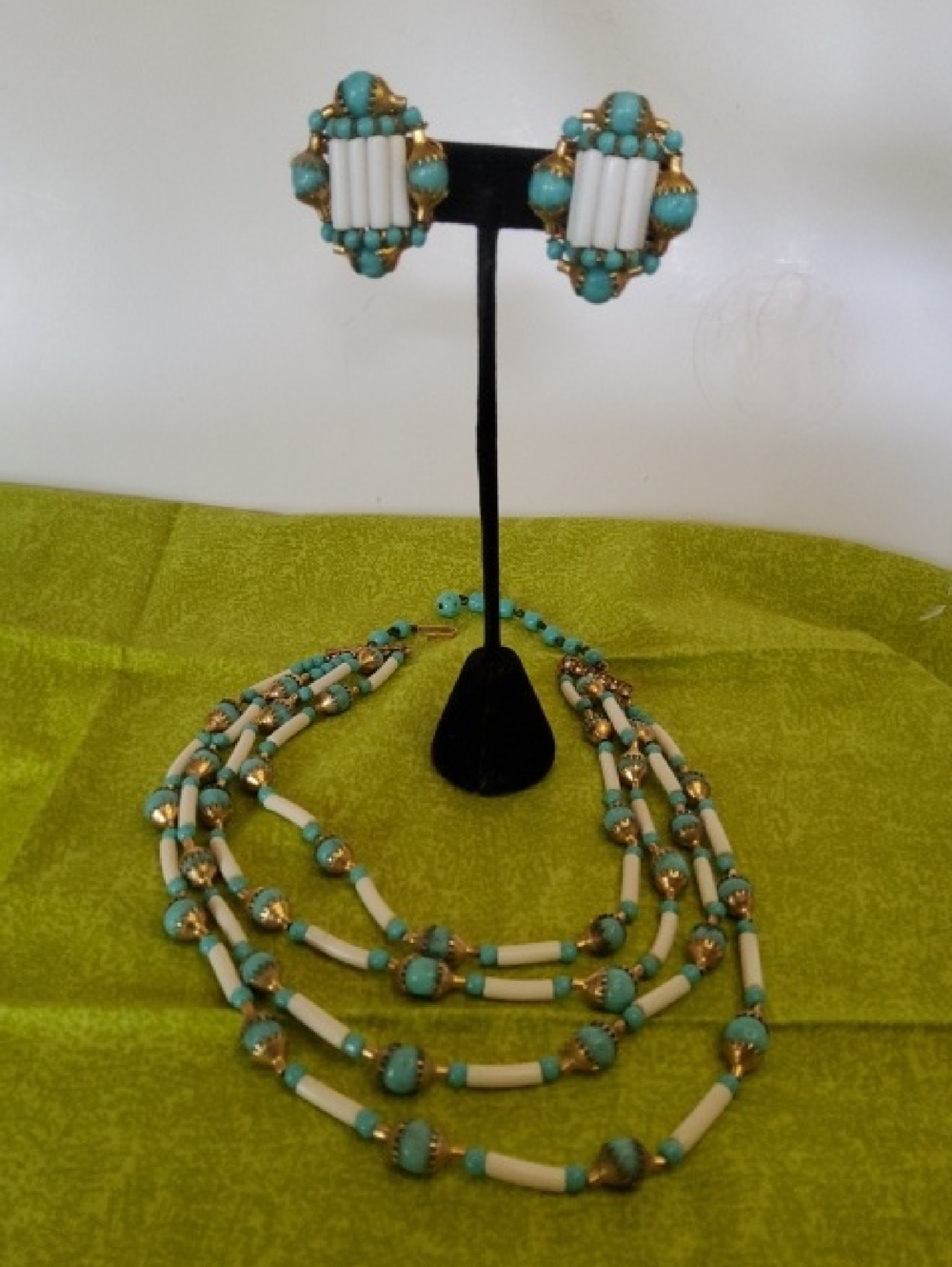 Vintage Jewelry Set featuring a Triple-strand necklace/earrings.